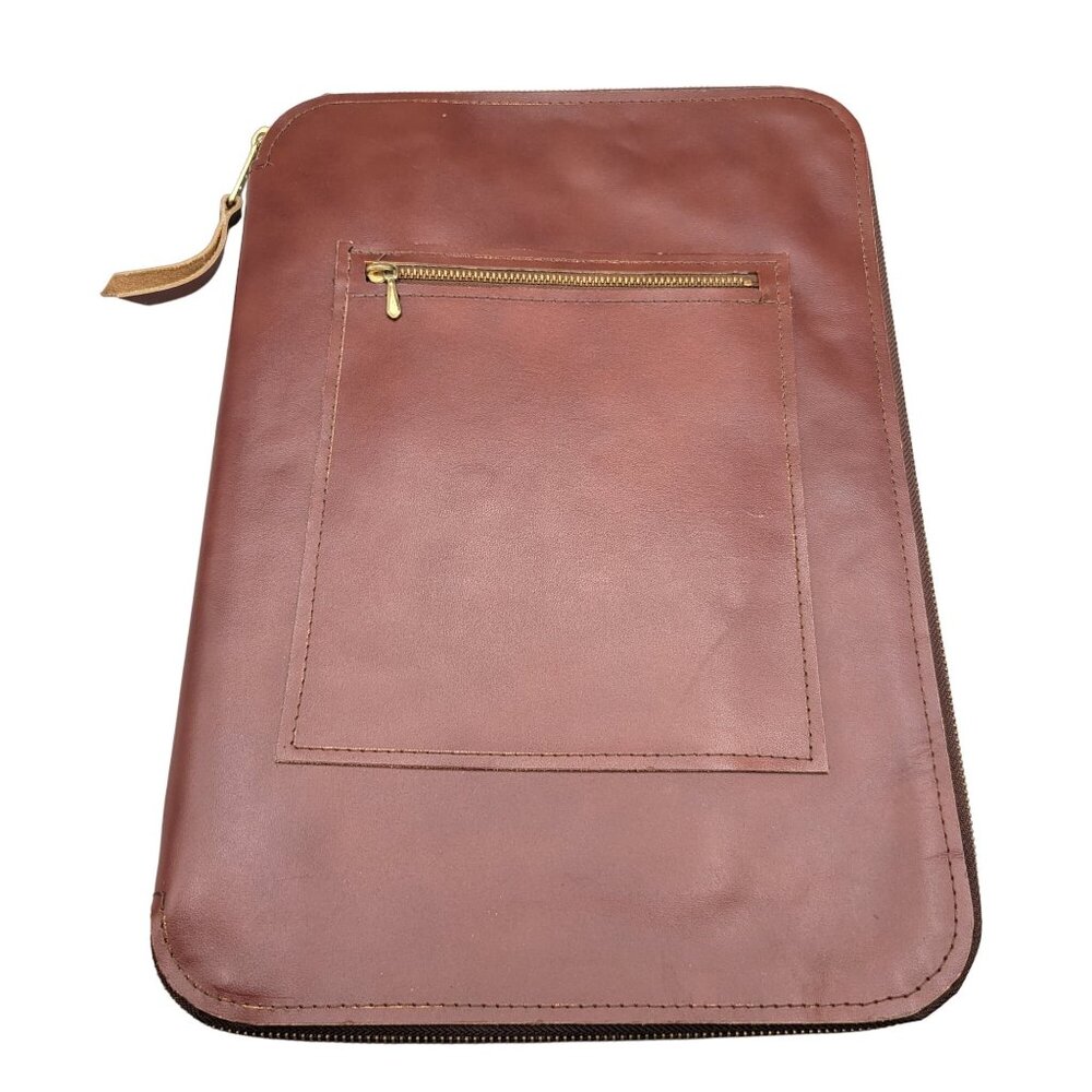 Vintage Leather Office Portfolio Binder Zip Around Outside Inside Pockets